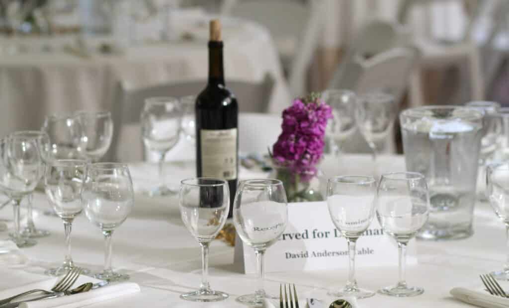 Wine on a table setting at the Lobero Courtyard